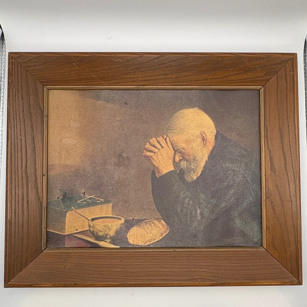 Vtg 1918 Grace Old Man Praying Framed Picture 18x15 As Is Textured Print